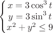$\left\{\begin{matrix}
x=3\cos^3t\\ 
y=3\sin^3t\\ 
x^2+y^2\le 9
\end{matrix}\right.$