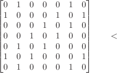 $$
\qquad
\begin{bmatrix}
0&1&0&0&0&1&0\\
1&0&0&0&1&0&1\\
0&0&0&1&0&1&0\\
0&0&1&0&1&0&0\\
0&1&0&1&0&0&0\\
1&0&1&0&0&0&1\\
0&1&0&0&0&1&0\\
\end{bmatrix}
\qquad
​$$