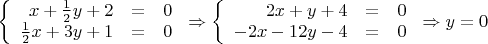 $\left\{
\begin{array}{rcl}
 x + \frac {1} {2} y + 2&=& 0\\
 \frac {1} {2}x + 3y + 1&=&0 \\
\end{array}
\right. \Rightarrow 
\left\{
\begin{array}{rcl}
 2x + y + 4&=& 0\\
 -2x -12y -4&=&0 \\
\end{array}
\right.
\Rightarrow y = 0
$
