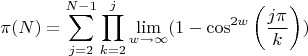 $$\pi(N)=\sum_{j=2}^{N-1} \prod_{k=2}^j \lim_{w\to\infty}(1-\cos^{2w}\left(\frac{j\pi}{k}\right))$$