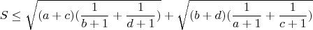 $$S\leq \sqrt {(a+c)(\frac 1{b+1}+\frac 1{d+1})}+\sqrt {(b+d)(\frac 1{a+1}+\frac 1{c+1})}$$