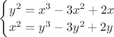 $\begin{cases}
y^2= x^3 - 3x^2 + 2x & \\
x^2 = y^3 - 3y^2 + 2y
\end{cases}$
