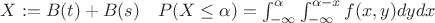$X:=B(t)+B(s)\quad P(X\leq \alpha)= \int_{-\infty}^{\alpha}\int_{-\infty}^{\alpha-x}f(x,y)dydx$
