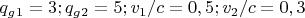 $q_g_1=3;q_g_2=5; v_1 /c=0,5; v_2 /c=0,3