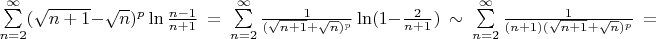 $\sum\limits_{n=2}^{\infty}(\sqrt{n+1}-\sqrt{n})^{p}\ln\frac{n-1}{n+1}\ = \ \sum\limits_{n=2}^{\infty}\frac{1}{(\sqrt{n+1}+\sqrt{n})^{p}}\ln(1-\frac{2}{n+1})\ \sim \ \sum\limits_{n=2}^{\infty}\frac{1}{(n+1)(\sqrt{n+1}+\sqrt{n})^p} \ =$