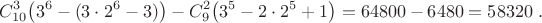 $$C_{10}^3\big(3^6-(3\cdot2^6-3)\big)-C_{9}^2\big(3^5-2\cdot2^5+1\big)=64800-6480=58320\;.$$