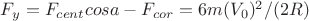 $F_{трy}=F_{cent} cosa-F_{cor}=6m(V_{0})^2/(2R)$ $F_{трy}=F_{cent} cosa-F_{cor}=6m(V_{0})^2/(2R)$