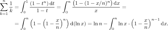 \begin{align*}
\sum_{k=1}^n\frac1k&=\int_0^1\frac{(1-t^n)\,\mathrm dt}{1-t}=\int_0^n\frac{\bigl(1-(1-x/n)^n\bigr)\,\mathrm dx}x=\\
&=\int_0^n\left(1-\left(1-\frac xn\right)^n\right)\mathrm d(\ln x)=\ln n-\int_0^n\ln x\cdot\left(1-\frac xn\right)^{n-1}\mathrm dx.
\end{align*}
