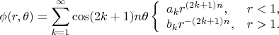 $$
\phi(r,\theta)=\sum_{k=1}^\infty\cos(2k+1)n\theta
\left\{\begin{array}{ll}
a_k r^{(2k+1)n},&r<1,\\
b_k r^{-(2k+1)n},&r>1.
\end{array}\right.
$$