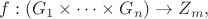 $f: (G_1 \times \cdots \times G_n) \to Z_m, $