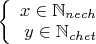 $\left\{
\begin{array}{rcl}
  x\in\mathbb{N}_{nech} \\
  y\in\mathbb{N}_{chet}$\end{array}
\right.$