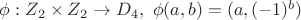 $ \phi: Z_2 \times Z_2 \to D_4,  ~ \phi (a,b)=(a,(-1)^b) $