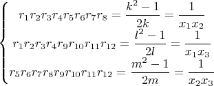 $\left\{\begin{matrix}
r_1r_2r_3r_4r_5r_6r_7r_8=\dfrac{k^2-1}{2k}=\dfrac{1}{x_1x_2}\\ 
r_1r_2r_3r_4r_9r_{10}r_{11}r_{12}=\dfrac{l^2-1}{2l}=\dfrac{1}{x_1x_3}\\ 
r_5r_6r_7r_8r_9r_{10}r_{11}r_{12}=\dfrac{m^2-1}{2m}=\dfrac{1}{x_2x_3}
\end{matrix}\right.$