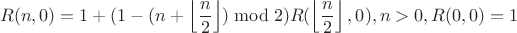 $$R(n,0)=1 + (1 - (n+\left\lfloor\frac{n}{2}\right\rfloor)\bmod 2)R(\left\lfloor\frac{n}{2}\right\rfloor,0), n > 0, R(0,0)=1$$