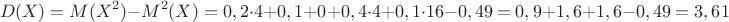 $$D(X)=M(X^2)-M^2(X)=0,2\cdot 4+ 0,1+ 0+0,4\cdot 4+0,1\cdot 16-0,49=0,9+1,6+1,6-0,49=3,61$$