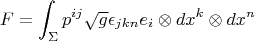 $$F=\int_{\Sigma}p^{ij}\sqrt g\epsilon_{jkn}e_i\otimes dx^k\otimes dx^n$$