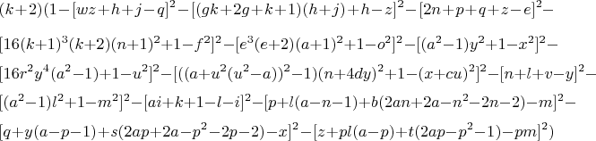 $$(k+2) (1 - [wz + h + j - q]^2 - [(gk + 2g + k + 1)(h + j) + h - z]^2 - [2n + p + q + z - e]^2 - $$$$
[16(k + 1)^3(k + 2)(n + 1)^2 + 1 - f^2]^2 - [e^3(e + 2)(a + 1)^2 + 1 - o^2]^2 - [(a^2 - 1)y^2 + 1 - x^2]^2 - $$$$
[16r^2y^4(a^2 - 1) + 1 - u^2]^2 - [((a + u^2(u^2 - a))^2 - 1)(n + 4dy)^2 + 1 - (x + cu)^2]^2 - [n + l + v - y]^2 - $$$$
[(a^2 - 1)l^2 + 1 - m^2]^2 - [ai + k + 1 - l - i]^2 - [p + l(a - n - 1) + b(2an + 2a - n^2 - 2n - 2) - m]^2 - $$$$
[q + y(a - p - 1) + s(2ap + 2a - p^2 - 2p - 2) - x]^2 - [z + pl(a - p) + t(2ap - p^2 - 1) - pm]^2) $$
