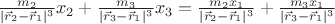 $\frac{m_2}{|\vec r_2- \vec r_1|^3}x_2+\frac{m_3}{|\vec r_3- \vec r_1|^3}x_3=\frac{m_2 x_1}{|\vec r_2- \vec r_1|^3}+\frac{m_3 x_1}{|\vec r_3- \vec r_1|^3}$
