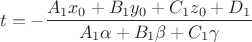$$t=-\dfrac{A_1x_0+B_1y_0+C_1z_0+D_1}{A_1\alpha+B_1\beta+C_1\gamma}$$