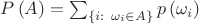 $ P \left( A \right) = \sum _ { \left\{ i : ~ \omega_{i} \in A \right\}} p \left( \omega_{i} \right) $ $ P \left( A \right) = \sum _ { \left\{ i : ~ \omega_{i} \in A \right\}} p \left( \omega_{i} \right) $