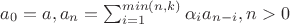 $a_0=a, a_n=\sum_{i=1}^{min(n,k)}\alpha_{i}a_{n-i}, n>0$