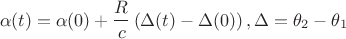 $$
\alpha(t) = \alpha(0) + \frac{R}{c} \left( \Delta(t) - \Delta(0) \right), \Delta = \theta_2 - \theta_1
$$