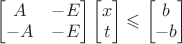 $\begin{bmatrix}A&-E \\ -A&-E \end{bmatrix} \begin{bmatrix}x \\ t \end{bmatrix} \leqslant \begin{bmatrix}b \\ -b \end{bmatrix}$