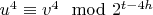 $u^4\equiv v^4\mod 2^{t-4h}$
