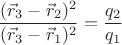 $$\frac{(\vec{r}_3-\vec{r}_2)^2}{(\vec{r}_3-\vec{r}_1)^2}=\frac{q_2}{q_1}$$