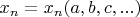 $x_n = x_n (a, b, c, ...)$