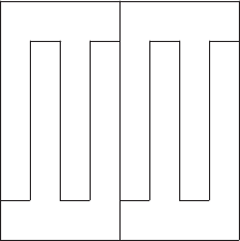 $\begin{picture}(150,150) \put(0,0){\line(1,0){120}} \put(0,0){\line(0,1){120}} \put(120,0){\line(0,1){120}} \put(0,120){\line(1,0){120}} \put(60,0){\line(0,1){120}} \put(0,20){\line(1,0){15}} \put(15,20){\line(0,1){80}} \put(15,100){\line(1,0){15}} \put(30,100){\line(0,-1){80}} \put(30,20){\line(1,0){15}} \put(45,20){\line(0,1){80}} \put(45,100){\line(1,0){15}} \put(60,20){\line(1,0){15}} \put(75,20){\line(0,1){80}} \put(75,100){\line(1,0){15}} \put(90,100){\line(0,-1){80}} \put(90,20){\line(1,0){15}} \put(105,20){\line(0,1){80}} \put(105,100){\line(1,0){15}} \end{picture}$