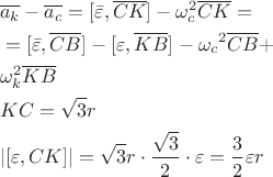 $$\begin{aligned}
& \overline{a_k}-\overline{a_c}=[\bar{\varepsilon}, \overline{C K}]-\omega_c^2 \overline{C K}= \\
& =[\bar{\varepsilon}, \overline{C B}]-[\varepsilon, \overline{K B}]-\omega_c{ }^2 \overline{C B}+ \\
& \omega_k^2 \overline{K B}{ }\\& K C=\sqrt{3} r \\& |[\varepsilon, C K]|=\sqrt{3} r \cdot \frac{\sqrt{3}}{2} \cdot \varepsilon=\frac{3}{2} \varepsilon r
\end{aligned}$$