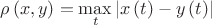 $\[ \rho \left( {x,y} \right) = \mathop {\max }\limits_t \left| {x\left( t \right) - y\left( t \right)} \right| \]$