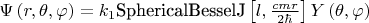 $\Psi \left(r,\theta ,\varphi  \right)=k_1\text{SphericalBesselJ}\left[l,\frac{cmr}{2\hbar}\right] Y\left(\theta ,\varphi  \right)$