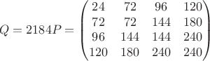 $$Q=2184P=\begin{pmatrix}24&72&96&120\\72&72&144&180\\96&144&144&240\\120&180&240&240\end{pmatrix}\tag{P}$$
