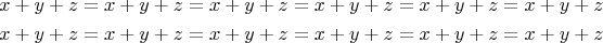 \begin{eqnarray*}
x+y+z = x+y+z = x+y+z = x+y+z = x+y+z = x+y+z\\
x+y+z = x+y+z = x+y+z = x+y+z = x+y+z = x+y+z
\end{eqnarray*}