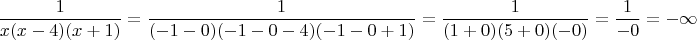 $$\frac{1}{x(x-4)(x+1)}=\frac{1}{(-1-0)(-1-0-4)(-1-0+1)}=\frac{1}{(1+0)(5+0)(-0)}=\frac{1}{-0}=-\infty$
