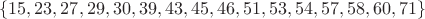 $$\left\lbrace15,23,27,29,30,39,43,45,46,51,53,54,57,58,60,71\right\rbrace$$