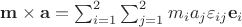 $\mathbf m\times\mathbf a = \sum_{i=1}^2\sum_{j=1}^2 m_i a_j \varepsilon_{ij}\mathbf{e}_i$
