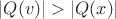 $|Q(v)| > |Q(x)|$