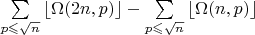 $\sum\limits_{p \leqslant \sqrt n} \left\lfloor  \Omega(2n,p)\right\rfloor - \sum\limits_{p \leqslant \sqrt n} \left\lfloor  \Omega(n,p)\right\rfloor