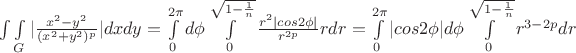 $\int\int\limits_{G}{|\frac{x^2-y^2}{(x^2+y^2)^p}|dxdy= \int\limits_0^{2\pi}{d\phi} \int\limits_0^{\sqrt{1-\frac{1}{n}}} {\frac{r^2|cos{2\phi}|}{r^{2p}}rdr}=\int\limits_0^{2\pi}{|cos{2\phi}|d\phi}\int\limits_0^{\sqrt{1-\frac{1}{n}}}{r^{3-2p}dr$