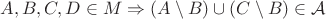 $A,B,C,D\in M \Rightarrow (A\setminus B)\cup (C\setminus B) \in \mathcal{A}$