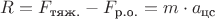 $R = F_{\text{тяж.}} - F_{\text{р.о.}} = m \cdot a_{\text{цс}}$