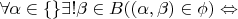 $\forall \alpha\in \{\} \exists! \beta \in B ((\alpha,\beta)\in \phi) \Leftrightarrow$