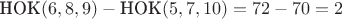 $\text{HOK}(6,8,9)-\text{НОК}(5,7,10)=72-70=2$