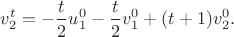 $$v_2^t=-\frac{t}{2}u_1^0-\frac{t}{2}v_1^0+(t+1)v_2^0.$$