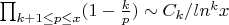 \prod_{k+1 \leq p\leq x}(1-\frac {k} {p}) \sim C_k/ln^k x