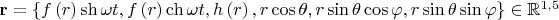 $\[
{\mathbf{r}} = \left\{ {f\left( r \right)\operatorname{sh} \omega t,f\left( r \right)\operatorname{ch} \omega t,h\left( r \right),r\cos \theta ,r\sin \theta \cos \varphi ,r\sin \theta \sin \varphi } \right\} \in \mathbb{R}^{1,5} 
\]
$