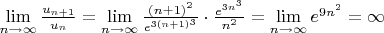 $\lim\limits_{n\to\infty}\frac{u_{n+1}}{u_n} = \lim\limits_{n\to\infty}\frac{(n+1)^{2}}{e^{3(n+1)^{3}}}\cdot\frac{e^{3n^{3}}}{n^{2}}=\lim\limits_{n\to\infty}e^{9n^{2}}=\infty